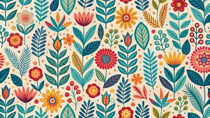 Vibrant abstract Scandinavian-inspired floral pattern featuring stylized leaves and flowers in simple geometric shapes on a minimalist background.