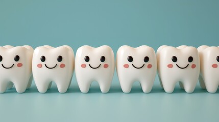 Obraz premium A row of happy smiling healthy teeth on a blue background. Concept of dentistry and healthy teeth 