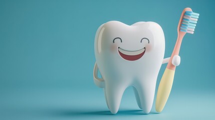 Toy happy smiling healthy teeth holding toothbrush on blue background. Concept of dentistry and healthy teeth 