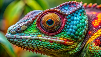 Fototapeta premium Vibrant close-up of a tropical chameleon's colorful scales, showcasing its remarkable color-changing ability in a lush, natural environment.