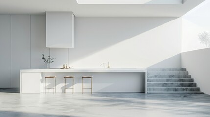 Fototapeta premium Interior of a luxurious kitchen with white walls, a concrete floor, a long bar stand holding a few stools,