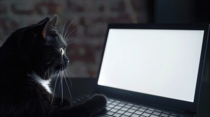 Mockup image of a black cat using laptop with blank white desktop screen