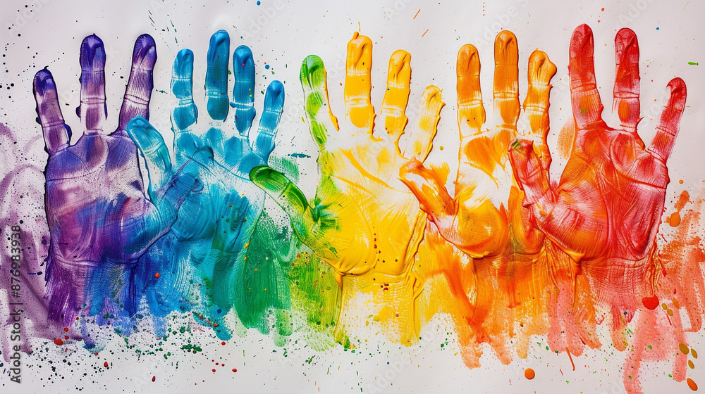 Wall mural A painted handprint rainbow, with colorful arcs made from handprints on a large sheet of paper.