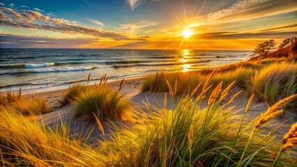 Warm golden sunset illuminates swaying beach grass and rustling leaves of wood, gentle breeze whispers through serene natural landscape.
