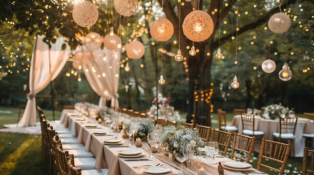Beautifully decorated wedding reception outdoors