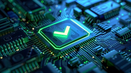 Fototapeta premium Close-up of a glowing green checkmark on a computer circuit board, symbolizing successful operation or verification in technology.