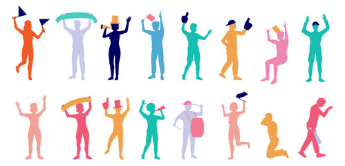 Colorful sport fans people silhouette vector illustration. Human figure of soccer football, baseball spectators color set design applauding, dancing, cheering, supporting, playing music