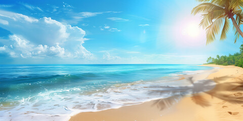 Fototapeta premium A serene tropical beach scene featuring golden sands, crystal-clear waters, and a bright sun shining through palm trees, creating a perfect paradisiacal setting.