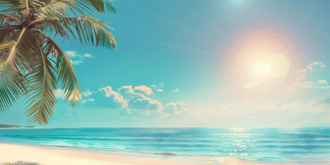 A stunning view of a bright, sunlit tropical beach with clear blue ocean waters, white sandy shore, and a palm tree, creating a serene and idyllic scene.