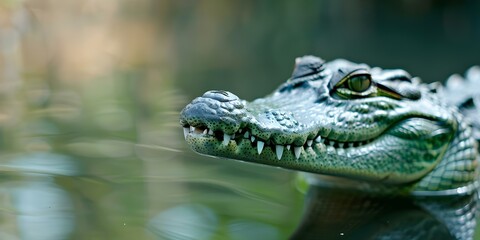 Fototapeta premium The Gharial Crocodile A Member of the Ancient Gavialidae Family. Concept Wildlife Photography, Reptiles, Endangered Species, Conservation Efforts, River Ecosystems