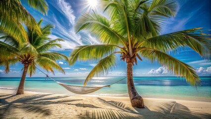 Fototapeta premium Tropical serenity scene featuring a shaded hammock beneath a lone coconut tree on a sun-kissed beach with subtle ocean view.