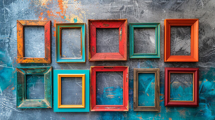 A set of decorative picture frames made from reclaimed wood, hanging on a wall.