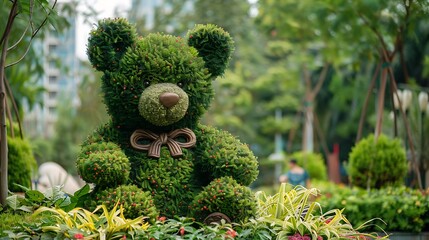 Big teddy bear topiary figure in city park outdoor fun decoration from green plant and bushes
