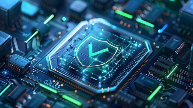Cybersecurity concept: A glowing shield with a checkmark symbol on a circuit board, representing data protection and digital security.