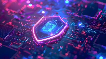 Cybersecurity concept with glowing shield on a futuristic circuit board, representing data protection and digital security in technology.