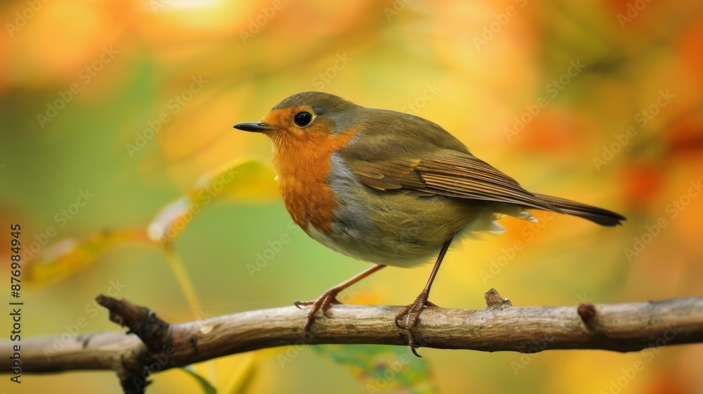 Poster a robin perched on a branch, wings slightly spread as it prepares for flight.