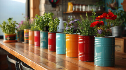 A stylish and functional kitchen organizer made from repurposed tin cans, painted and labeled.