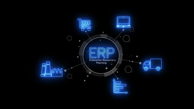 ERP, Enterprise resource planning concept. Connections between business intelligence, HR and CRM modules. Glowing neon line of ERP system icon concept isolated on transparent background.