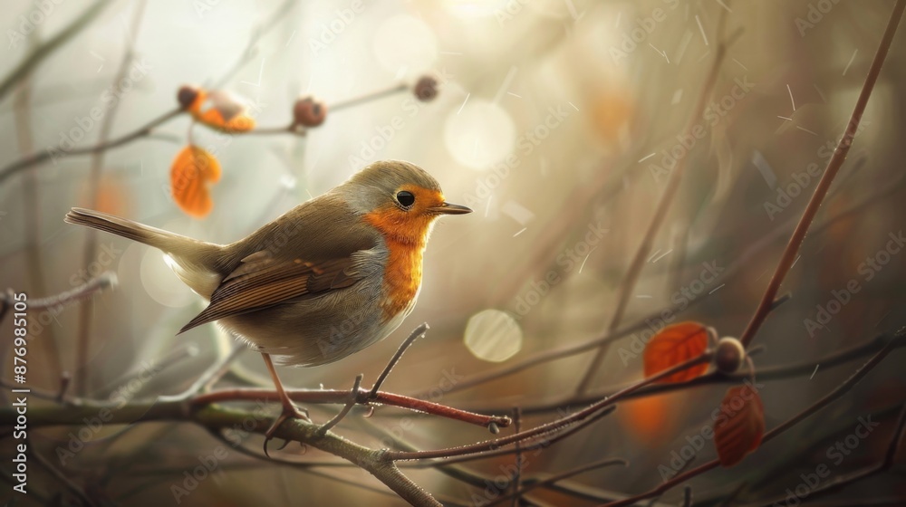 Poster a robin perched on a branch, wings slightly spread as it prepares for flight.