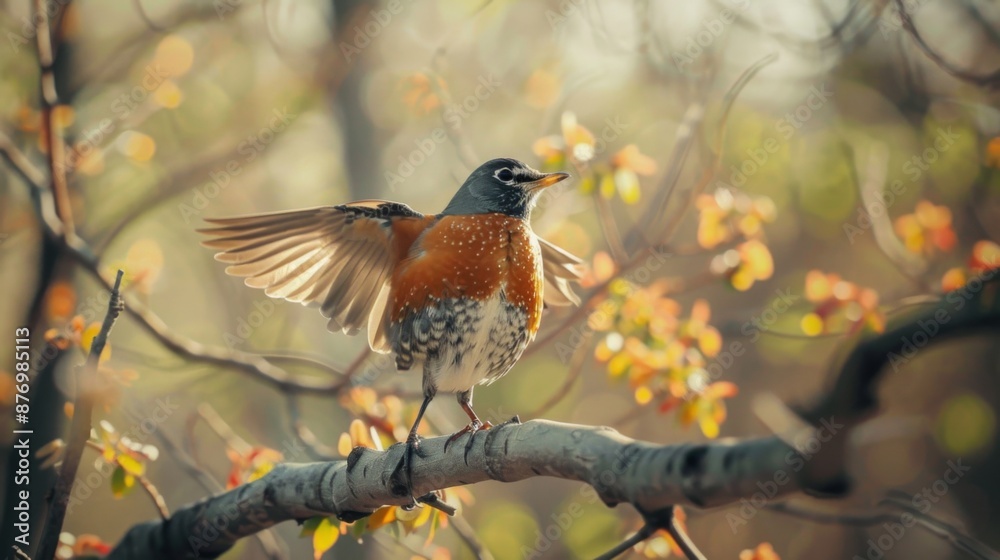 Aufkleber a robin perched on a branch, wings slightly spread as it prepares for flight.
