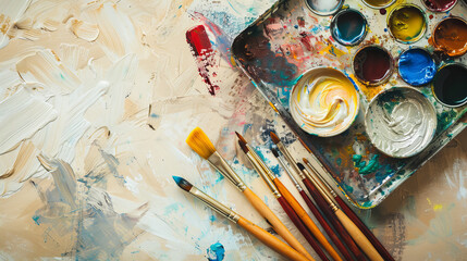 Fototapeta premium A tray with bright paint and brushes are set on a beige background.