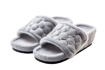 Plush Gray Slippers With Soft Cushioning for Cozy Relaxation on a White or Clear Surface PNG Transparent Background.