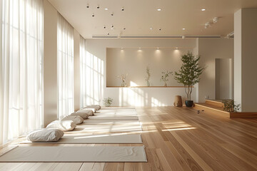 Yoga space meditation area, calm zen space to meditate, calming background sunlight, yogi relaxing studio, relax, generated ai