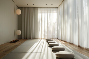 Obraz premium Yoga space meditation area, calm zen space to meditate, calming background sunlight, yogi relaxing studio, relax, generated ai