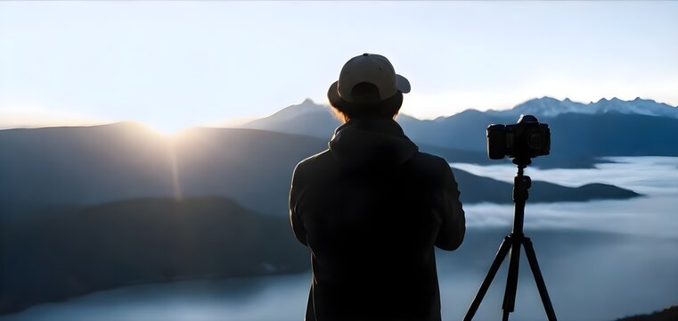 A  man photograph wearing a black hat and coat, standing on a cliff overlooking a misty mountain landscape taking a picture