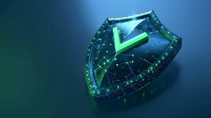 Fototapeta premium Digital shield with green checkmark symbolizing cybersecurity, data protection, and secure online environment in a futuristic design.