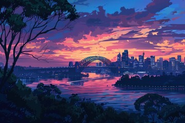 Obraz premium Postcard with landscape of big town with river and bridge at sunset