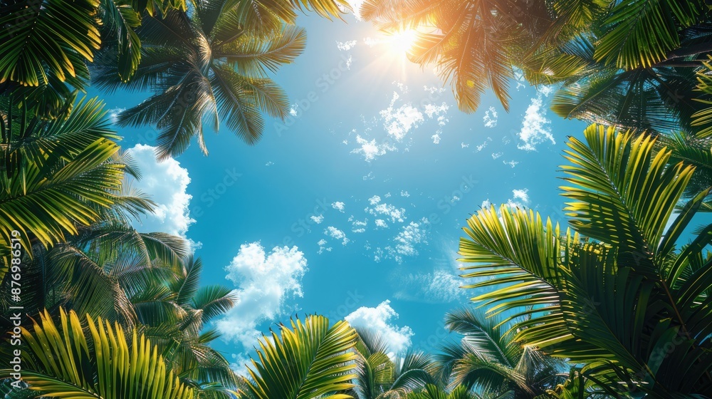 Wall mural a sunny tropical background with palm trees and a blue sky. a view from below