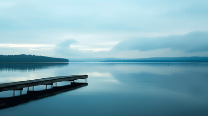 Obraz premium A quiet lakeside with a dock extending into the water and a serene sky overhead for copy space
