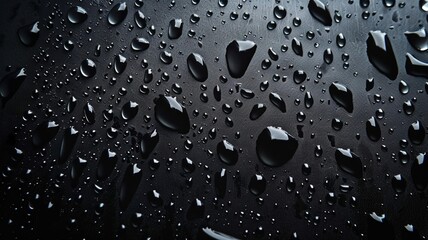 Close-up shot of water drops clinging to a black window glass, with the droplets reflecting light in various sizes and shapes."