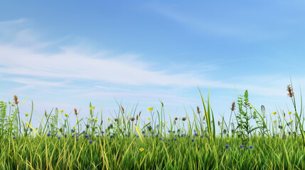Obraz premium A tranquil meadow with tall grass, a vast clear sky above for copy space, and a few scattered wildflowers