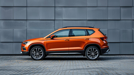 An orange SEAT Ateca crossover is parked in front of a gray wall. It's a compact SUV with a side profile view. The photo was taken in Hodosivka, Ukraine on November 09, 2017.