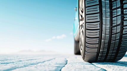 Close-up view of a car tire on a road. Bright sky in the background. Perfect image for automotive or travel themes.