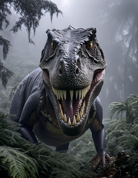 Tyrannosaurus rex que sale del interior de un bosque del jur&aacute;sico	