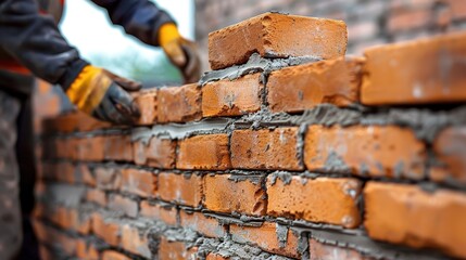 A construction worker's hands are placing a brick in position with fresh mortar on an under-construction wall, demonstrating the skill and expertise in bricklaying necessary for sturdy buildings.