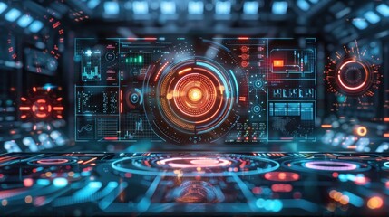 Obraz premium An abstract digital interface with holographic elements, depicting virtual reality and augmented reality concepts. High-tech data visualization in a minimalist style.