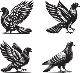 Timeless Pigeon Silhouette Vector, Timeless Pigeon Silhouettes in Black and White, Stylish Retro Pigeon Silhouette Illustration