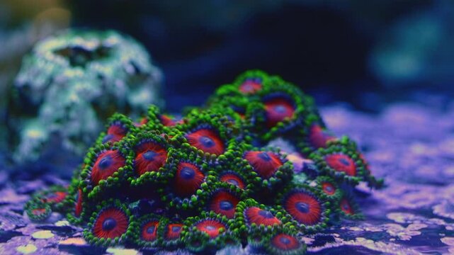 red-green zoanthus, small polyp on coquina live rock, fluorescent soft coral tentacle in laminar flow, nano reef marine aquarium, blue LED low light, expensive popular pet for beginner lifestyle hobby