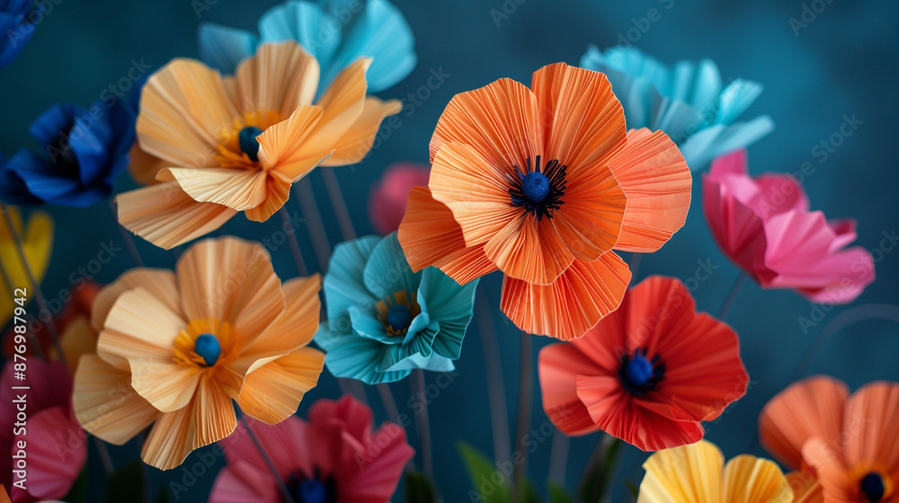 Wall mural Vibrant tissue paper flowers in a bouquet, each bloom crafted with layered petals and a wire stem for a realistic look.