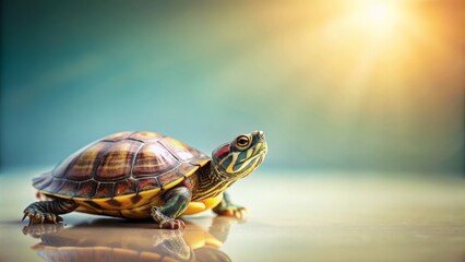 Obraz premium Adorable turtle perched on soft, gradient background with ample whitespace, perfect for textual overlays or design elements insertion.