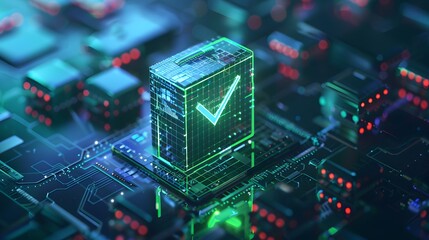 Futuristic digital blockchain network with a glowing green checkmark symbol on a circuit board, representing security and data validation.