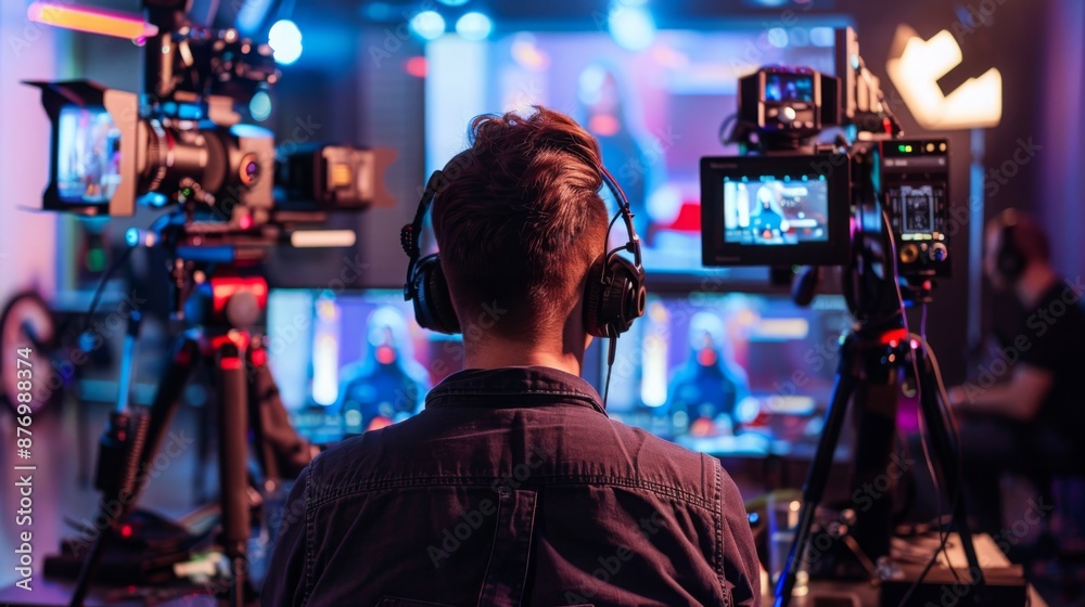 Poster A man wearing headphones sits in front of a computer screen, monitoring multiple cameras in a brightly lit studio.