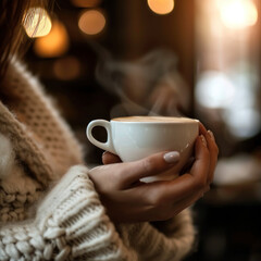 Close-up of  hands holding a steaming espresso cup focused on the cup with a blurred background of a rustic cafe