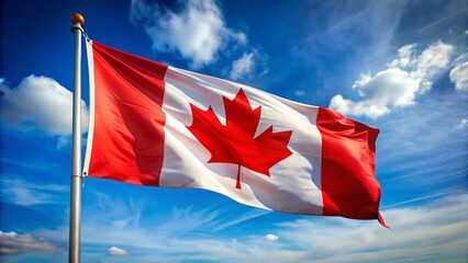Naklejka premium Vibrant red maple leaf flag of Canada waving proudly in the wind against a bright blue sky with subtle border.