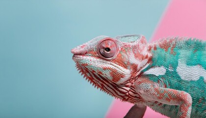 Obraz premium Close up chameleon portrait in pastel colors palette on simple colored background with copy space 