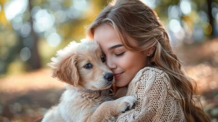 A young woman affectionately cuddles her puppy, sharing a tender moment outdoors. The warm sunlight and lush background highlight the bond between them.